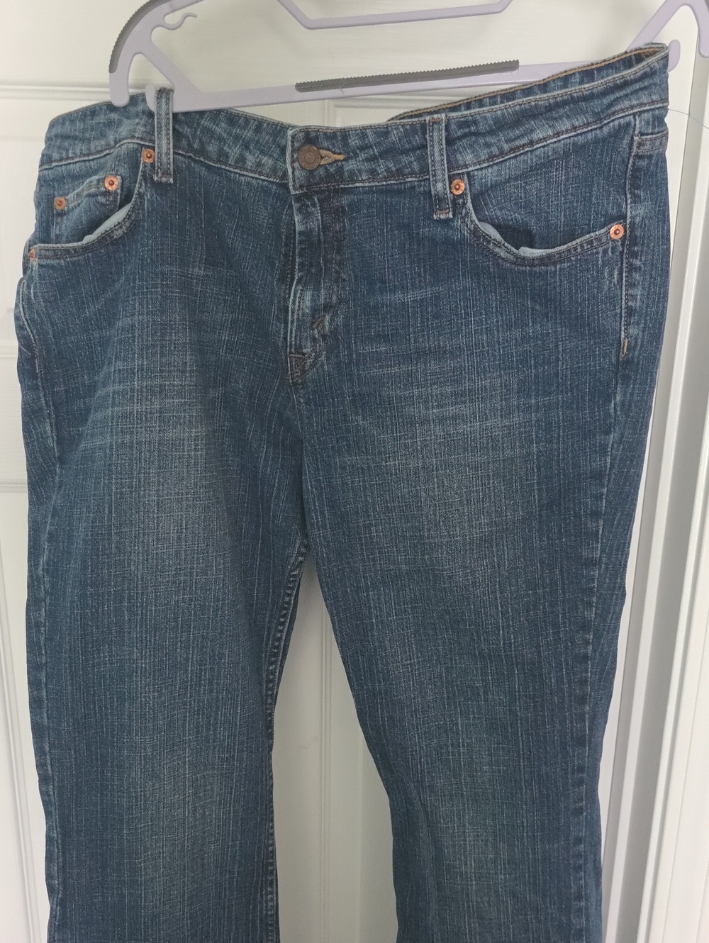 Levi's Superlow 518 Jeans in Dark Blue Denim with Pink Label